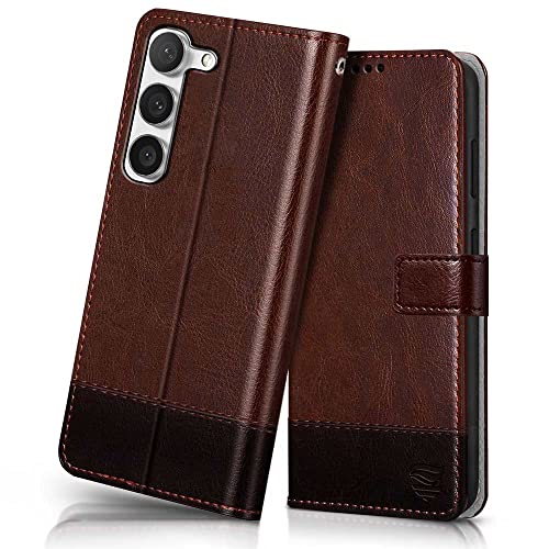 Image of FLIPPED Vegan Leather Flip Case Back Cover for Samsung Galaxy S23 5G (Flexible, Shock Proof | Hand Stitched Leather Finish | Card Pockets Wallet & Stand | Brown with Coffee)
