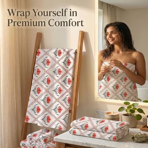Image of Mafatlal Madhuban Lightweight Cotton Set (1 Bath 147x76 cm + 2 Hand 76x38 cm) | 250 GSM | Floral Hand Print, Quick Dry | Koi White Color