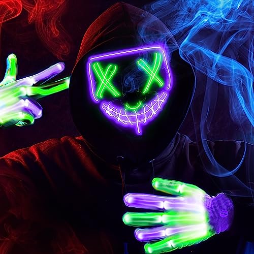 Image of JOYIN Halloween Led Mask, Light Up Mask and Gloves for Cosplay Costume (Green & Purple), 3 Modes Scary Glow in The Dark Masks for Boys Girls Halloween Party Dress Up Accessories, Gifts Giving