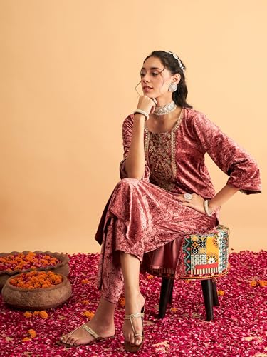Image of Women's Velvet Floral Embroidered Straight Kurta | Round Neck Three-Quarter Sleeve Calf Length Kurti with Thread Work