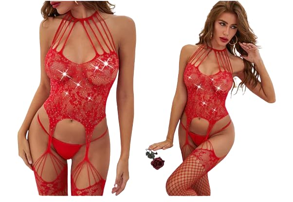 Red Dress Free Size Knitted Stretch Bodysuit Body Stocking Sexy Dresses for Women