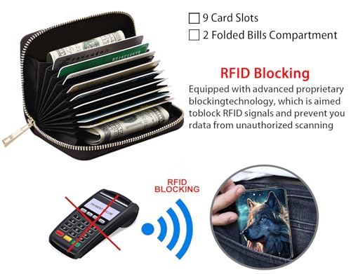 Credit Card Holder Wallets for Women, RFID Blocking Small Leather Card Case Wallet with Zipper Accordion Wallets - Wolf4