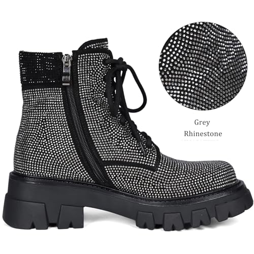 Wavyvigs Rhinestone Combat Boots Platform Chunky Heel Lace Up Ankle Boots Side Zipper2