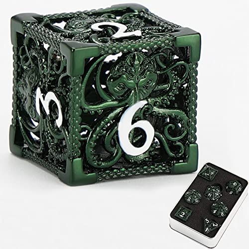 Image of Cthulhu 7pcs Pure Copper Hollow Metal Dice Set D&D Metal Polyhedral Dice Set with Gift Metal Box and White Number for DND Dungeons and Dragons Role Playing Games