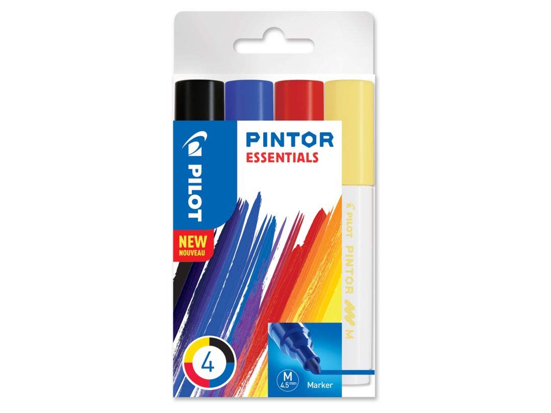 PILOTPintor, Mix Essential, Pack of 4 Multi-Mounted Paint Markers with Water-Based, Quick Drying - Fabric, Glass, Wood, Stone, DIY - Medium Tip - Black, Blue, Red, Yellow