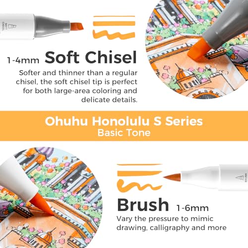 Image of Ohuhu Alcohol Markers Brush Tip: 48-Color Brush & Soft Chisel Double Tipped Art Marker Set for Artist Adults Coloring Illustrations Sketching- Honolulu S- Refillable