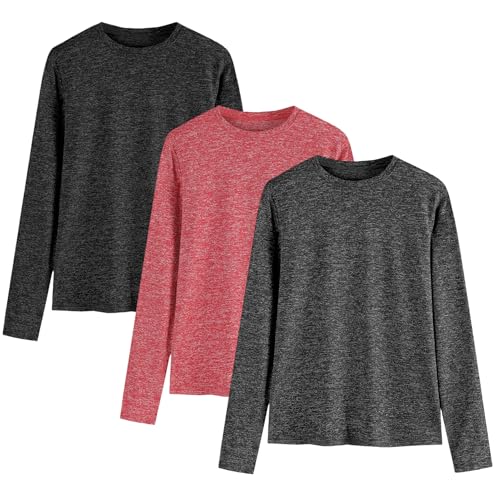 3 Pack Youth Boys Kids T Shirts Quick Dry Long Sleeve Moisture Wicking Tee Shirts Athletic Tops (Age 5-18)