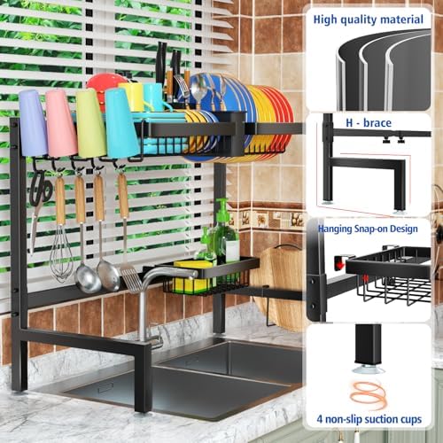 SNSLXH 2-Tier Over The Sink Dish Drying Rack, Kitchen Large Dish Drying Rack Over The Sink, Suitable for Most Sinks, Effective Dish Drying, Kitchen Drying Rack（24.8"-35.4"）