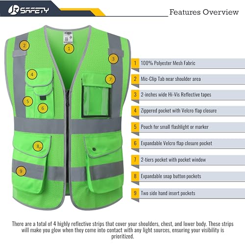 Image of JKSafety 9 Pockets High Visibility Safety Vest for Men and Women, Hi-Vis Reflective Green Safety Vests with Zipper Front, Meet ANSI /ISEA Standards(159-Green 3XL)