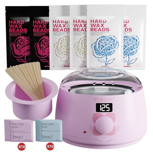Rosepil Digital Wax Warmer - Beginner-Friendly Waxing Kit with Smart Temp Control, 6 Packs (3 Colors) Wax Beads for Targeted Hair Removal - Ideal for Body, Bikini, face, Home Salon Use