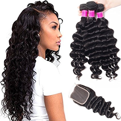 RECOOL 10A Brazilian Hair Loose Deep Wave Bundles with Closure Virgin Human Hair Bundles and Closure Ocean Wave Natural Color Real Good Quality Hair(20 22 24+18)