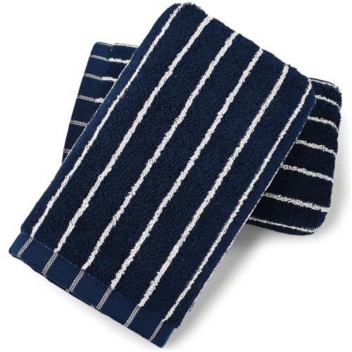 Navy Blue Striped Hand Towels Set of 2 - Soft, Absorbent, Quick-Dry