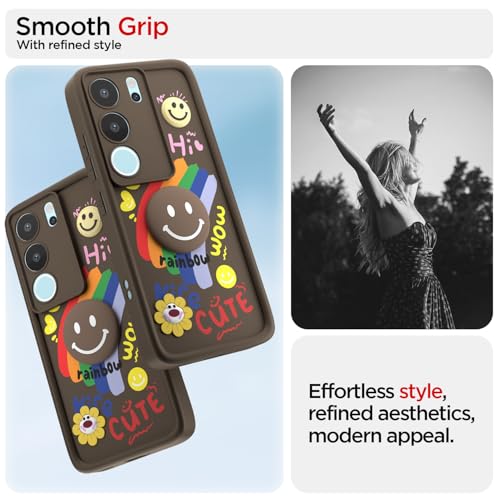 Image of Pikkme Back Cover for Vivo V29 5G / V29 Pro 5G | Soft Silicone| Cute Rainbow Smile & 3D Cartoon Flower Design | Shockproof Raised Camera Protection Bumper Case (Brown)