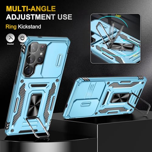 Image of Polycarbonate Slide Camera Cover with Ring Holder Mobile Phone Back Cover for Samsung Galaxy S25 Ultra (Blue)