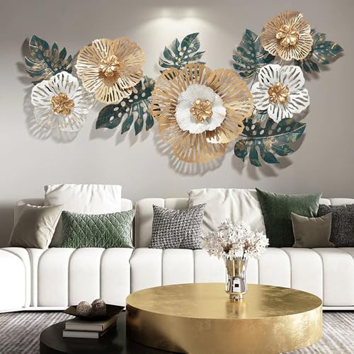 Image of F-RIQA METAL Modern Golden Floral Metal Wall Art for Living Room | Handcrafted 3D Iron Flower Wall Decor Metal Wall Art Leaf Design | Luxury Wall Hanging Decoration for Living Room, Bedroom, Hallway & Office 42x20 INCH (Americana)