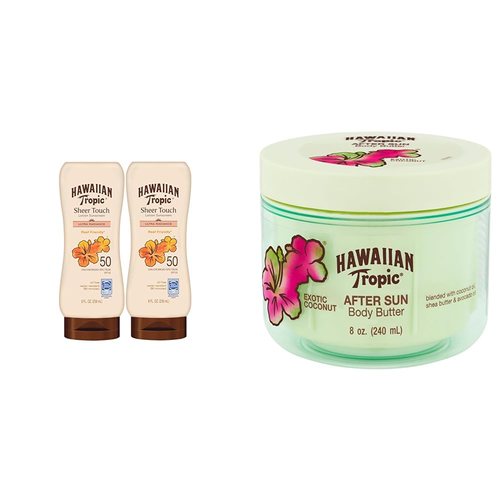 Hawaiian Tropic Sheer Touch Ultra Radiance SPF 50 Sunscreen Twin Pack After Sun Body Butter with Coconut Oil