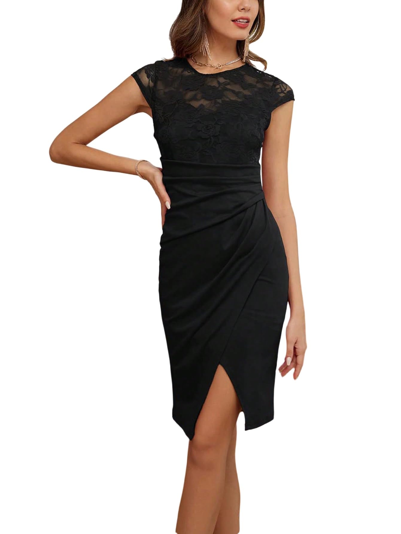 SweatyRocks Damen Elegant Kleid Mit Schlitz Enger Spitzenkleid Bürokleid