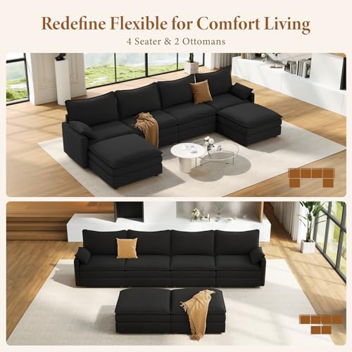Image of Vesgantti 142 inch U Shaped Sectional Couch, Comfy Cloud Modular Sectional Sofa with 2 Ottoman Deep Seat Chenille Modern Cloud Sofa, Modular Sofas for Living Room, Bedroom and Apartment, Black