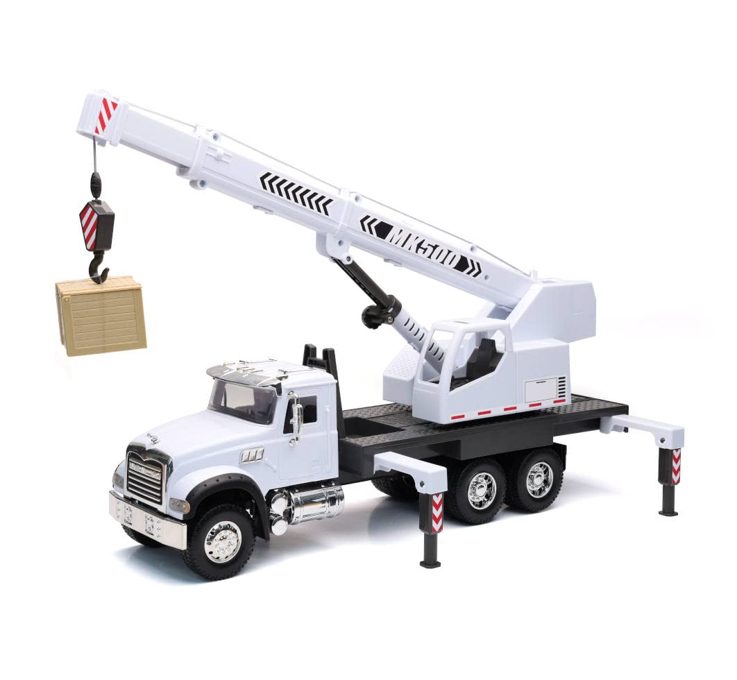 New-Ray Toys Mack Granite Truck with Extendable Crane and Crate 1:18 Scale Long Haul Trucker Playset, Kids, Gifts, Birthdays
