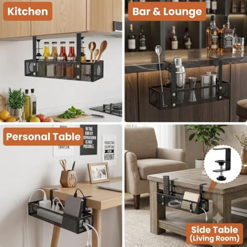 Image of Under Desk Cable Management Tray | No Drill Clamp-On Metal Mesh Wire Organizer for Office, Home, Gaming, Study Table | Power Strip Holder with Cable Ties & Clips | Black