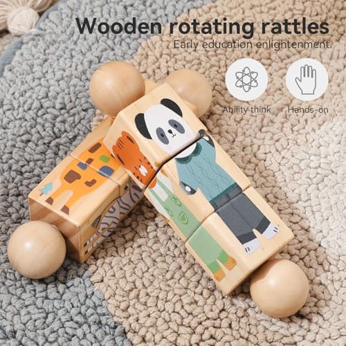 Image of Wooden Animal Puzzle Toy for Toddlers 1-3, Rotating Spin Twist Blocks Set of 2, Learning Educational Montessori Toy Gifts for Kids Boys Girls, Giraffe & Brown Bear