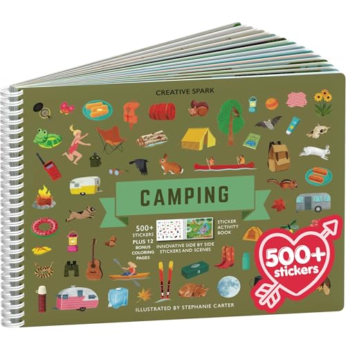 Camping 500+ Kids Sticker Book by Cupkin Fun Toddler Travel Activity Coloring and Sticker Book, 12 Coloring Pages + 12 Side by Side Scenes for Children's of 2-8 Years, Valentines Gifts for Kids