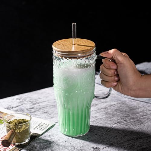 Bandesun 32oz Vintage Glass Cup with Handle with Bamboo Lids and ...