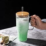 Bandesun 32oz Vintage Glass Cup with Handle with Bamboo Lids and Straws - Borosilicate Glass Tumbler for Hot and Cold drinks