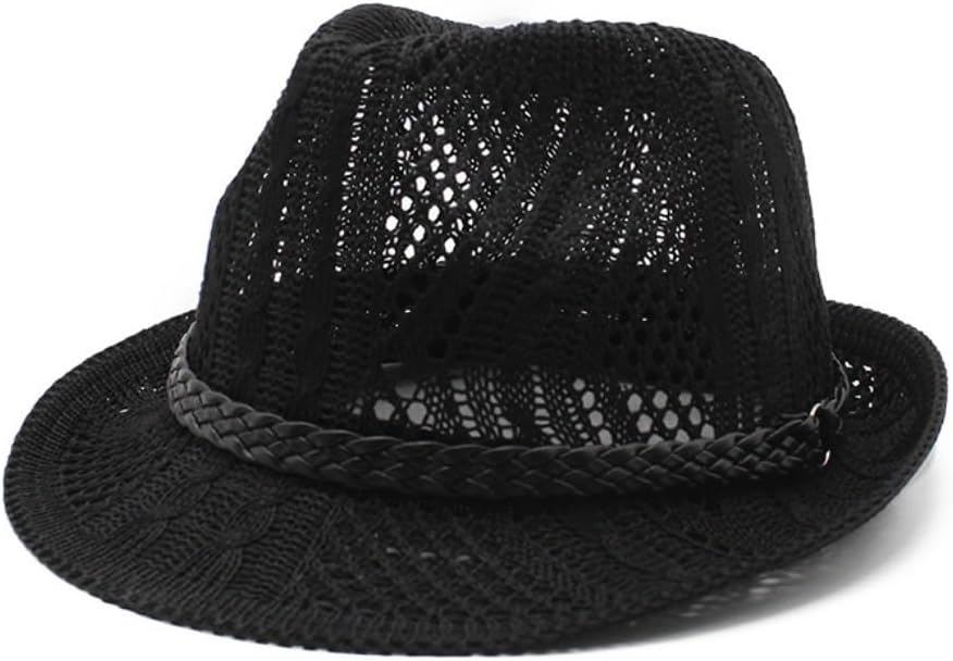 Classic Cotton Mesh Fedora Hat, Black with Braided Band, Summer Style