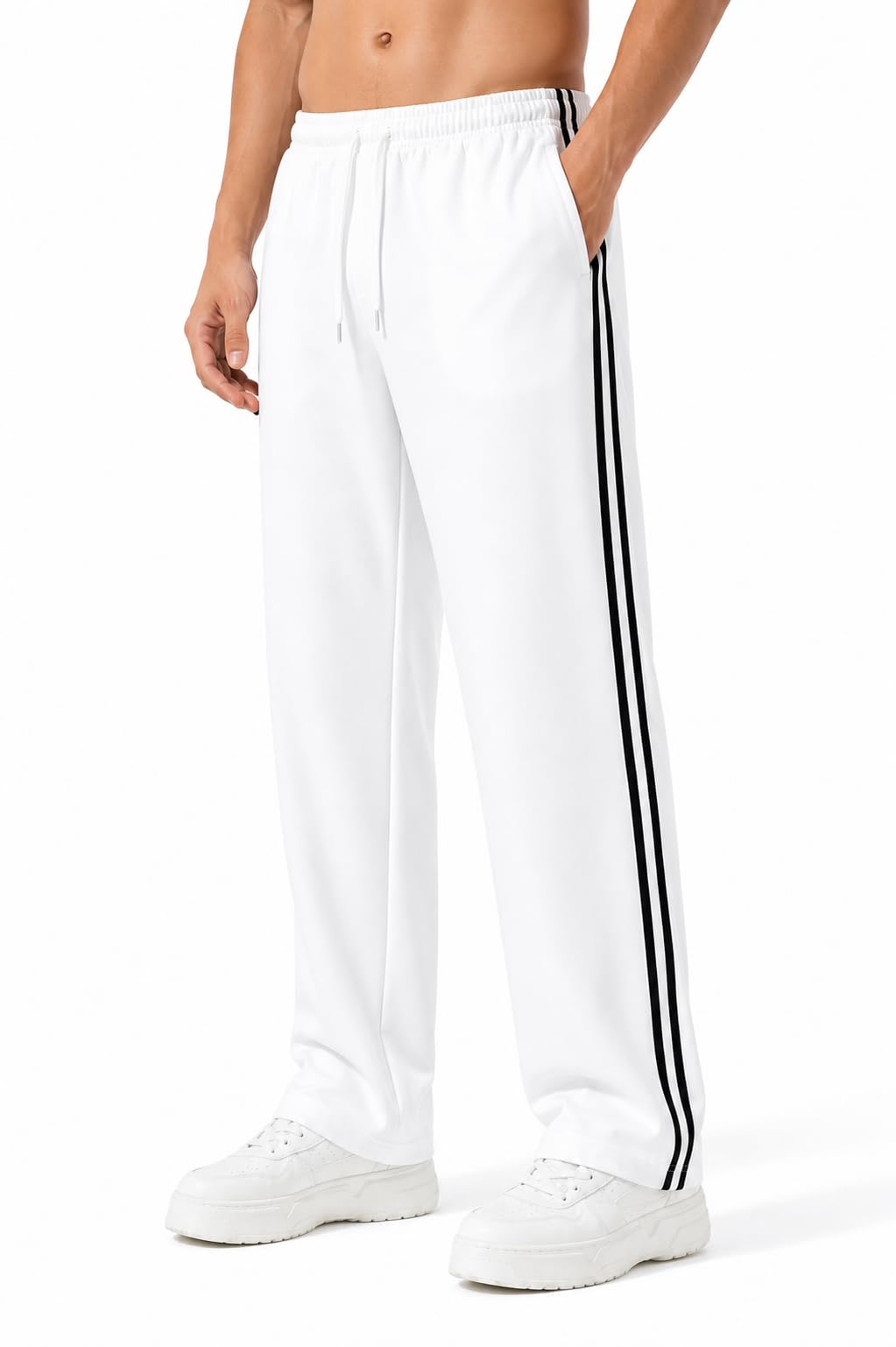 Men's Track Pants with Side Stripes, Wide Leg Drawstring | Elastic Waistband, Side Stripe Detail, Wide Leg Fit-picture-22