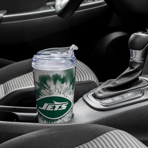 Image of Rico Industries NFL Football New York Jets Metallic Tie Dye 24oz Metallic Acrylic Tumbler with Hinged Lid, Officially Licensed Double Wall Tumbler with Straw