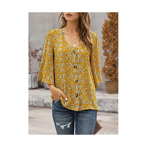 Ecrocoo Summer Tops for Women Ladies Juniors Teen Girls Fashion Casual Stylish V Neck Bell Sleeve Boho Flower Pattern Button Down Tops Loose Fitting Flowy Flutter Blouses Shirts for Vacation,Yellow L