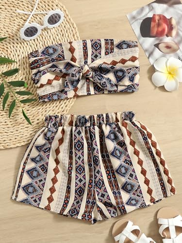 Image of WDIRARA Girl's 2 Piece Summer Outfits Sets Geometric Print Knot Front Strapless Tube Tops and Shorts Sets