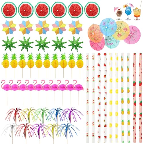 Yuaerbuo 130Pcs Cocktail Accessories for Drinks Cocktail Umbrellas and Straws Reusable Cocktails Decorating Supplies Drink Decoration for Party Drinks Bar Summer Beach Holiday Celebration