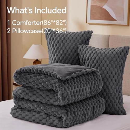 BEDELITE Fluffy Full Size Comforter Set - Dark Grey Fleece Soft Comforter for Full Size Bed, Luxury Warm Bedding Set for Winter, Fuzzy Bed Set 3 Pieces (1 Comforter, 2 Pillowcases)