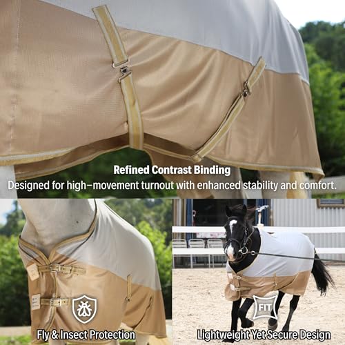 Image of BARN & STABLE Breathable and UV Protective Tear-Resistant Mesh Horse Fly Sheet Comfy Equine Summer Sheet with Removable Web Leg Straps (Silver Gold, 69 in)