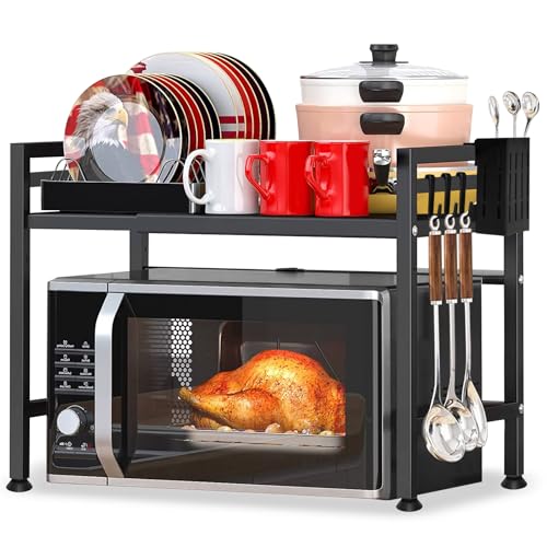 YSWOVUO Verstellbares Mikrowellen Regal, 2-Stufig Erweiterbares Küchenregal Arbeitsplatte, Regal Küche Arbeitsplatte Kohlenstoffstahl, Mikrowelle mit 8 Haken, 1 Küchenutensilienhalter, Schwarz YSWOVUO Verstellbares Mikrowellen Regal, 2-Stufig Erweiterbares Küchenregal Arbeitsplatte, Regal Küche Arbeitsplatte Kohlenstoffstahl, Mikrowelle mit 8 Haken, 1 Küchenutensilienhalter, Schwarz