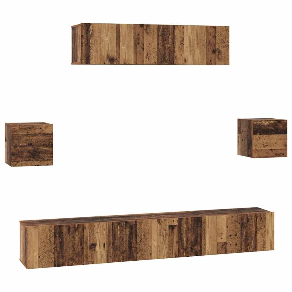 TV-Schrankset Wandmontiert, 7-teilig, Altholz Holzwerkstoff, Modernes Media Center für Wohnzimmer, Schlafzimmer, Robustes Design, Hohe Tragfähigkeit