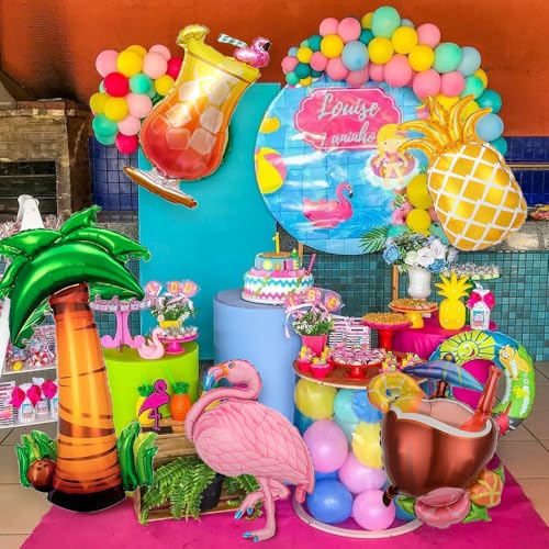 Image of 5pcs Hawaiian Theme Balloon Set - Tropical Party Decorations - Palm Trees Flamingo Coconut Pineapple Foil Balloons for Birthday Party Luau Weddings Graduations Summer Pool Party Decor Supplies