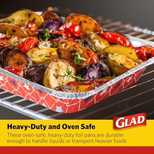 Image of Glad Disposable Aluminum Steam Pans with Clear Plastic Lids, Patriotic Red White Blue Stars, Heavy Duty Foil Pans, 12.5 x 10.2 Inches, Baking Roasting, 3 Count