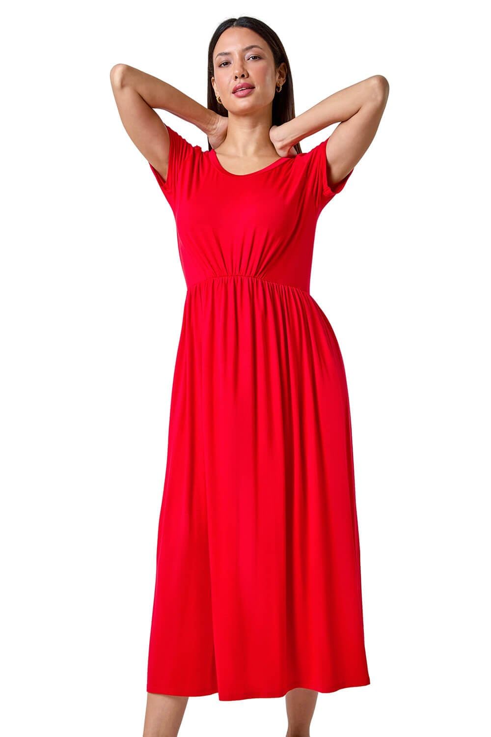 Roman Originals Stretch Gathered Pocket T-Shirt Dress for Women UK - Ladies Everyday Holiday Spring Summer Round Neckline Comfy Soft Evening Vacation Work Party - Red - Size 10