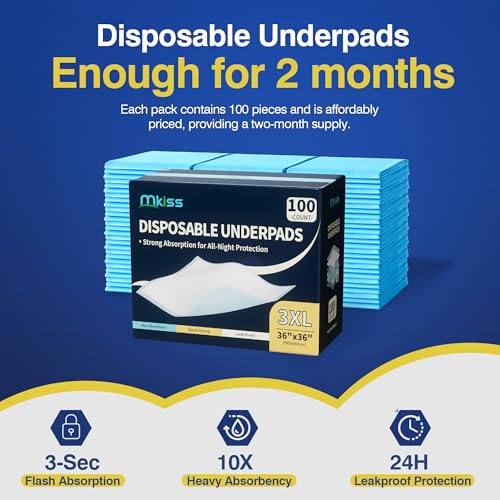 Image of MKISS Bed Pads Disposable 36 inch x 36 inch 100 Count, Extra Large Incontinence Underpads, Leak-Proof & Quick-Drying Disposable Pee Pads for Elderly, Adults, Kids, Puppy Training