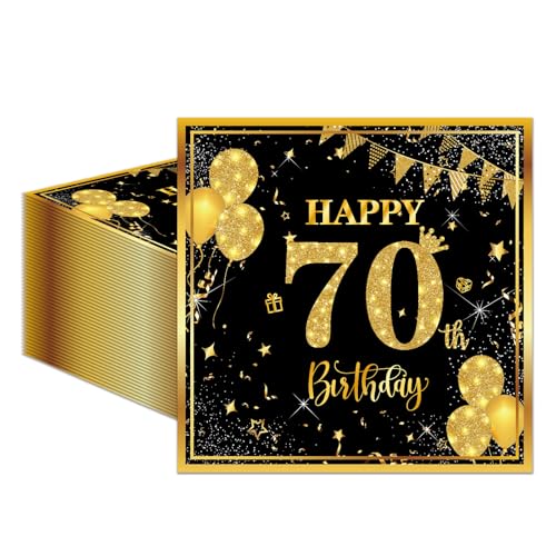 50PCS 70th Birthday Napkins, 13 x 13 inches Black and Gold Cocktail Beverage Napkins Disposable Men Women Party Supplies for Birthday Wedding Anniversary Decoration