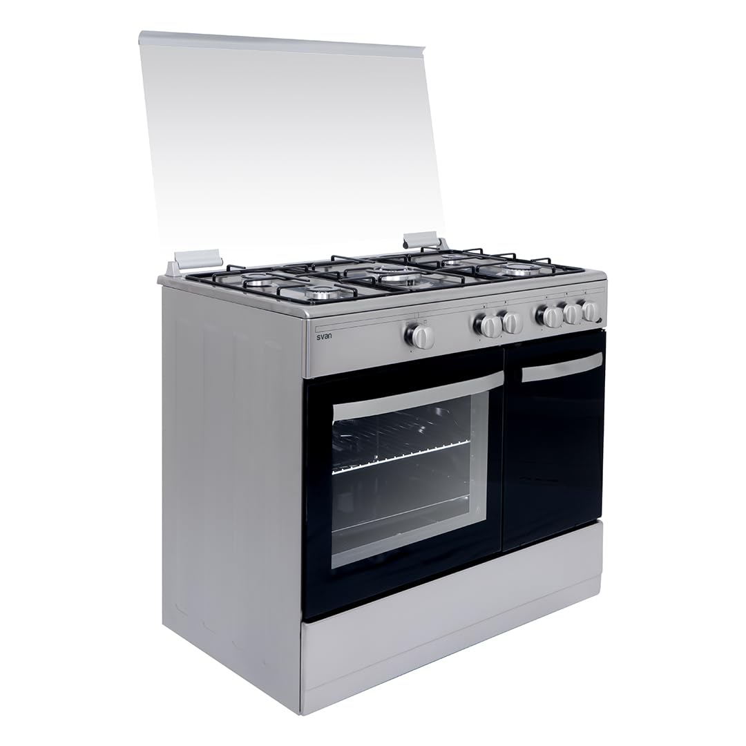 Svan Cocina Gas Butano 5 Zonas de Cocción, Horno 59 L, Inox SKGW5901PBX. Control Manual, Quemador WOK triple llama, 2 Programas de Cocción, Compartimento Bombona, Cristal en Puerta de Doble Capa