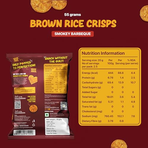 Image of Asmita Organic Farms Brown Rice Popped Crisps | Not Baked, Not Fried | Low-Fat, High-Fiber Healthy Snacks with Millets | Smokey Barbeque Flavor | Low-Calorie | Pack of 3 (55g Each)