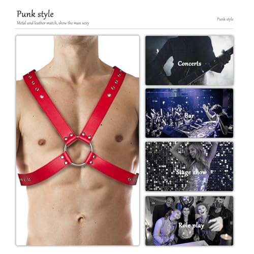 Punk Body Brust Harness für Herren - Leder Brustgurt, Gothic Kleidung Einstellbar, Sexy Sklave Bandage Kostüm, Schultergurt für Cosplay Nachtshow-Kostüm Clubwear (Rot)