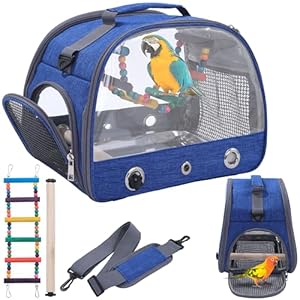 BALAPET Bird Carrier Travel Cage with Bird Ladder and Stainless Tray,Small Bird Travel Cage for Parrot,Portable Bird Backpack with Stand and Shoulder Strap for Vet Visit and Outdoor Adventure(Blue)