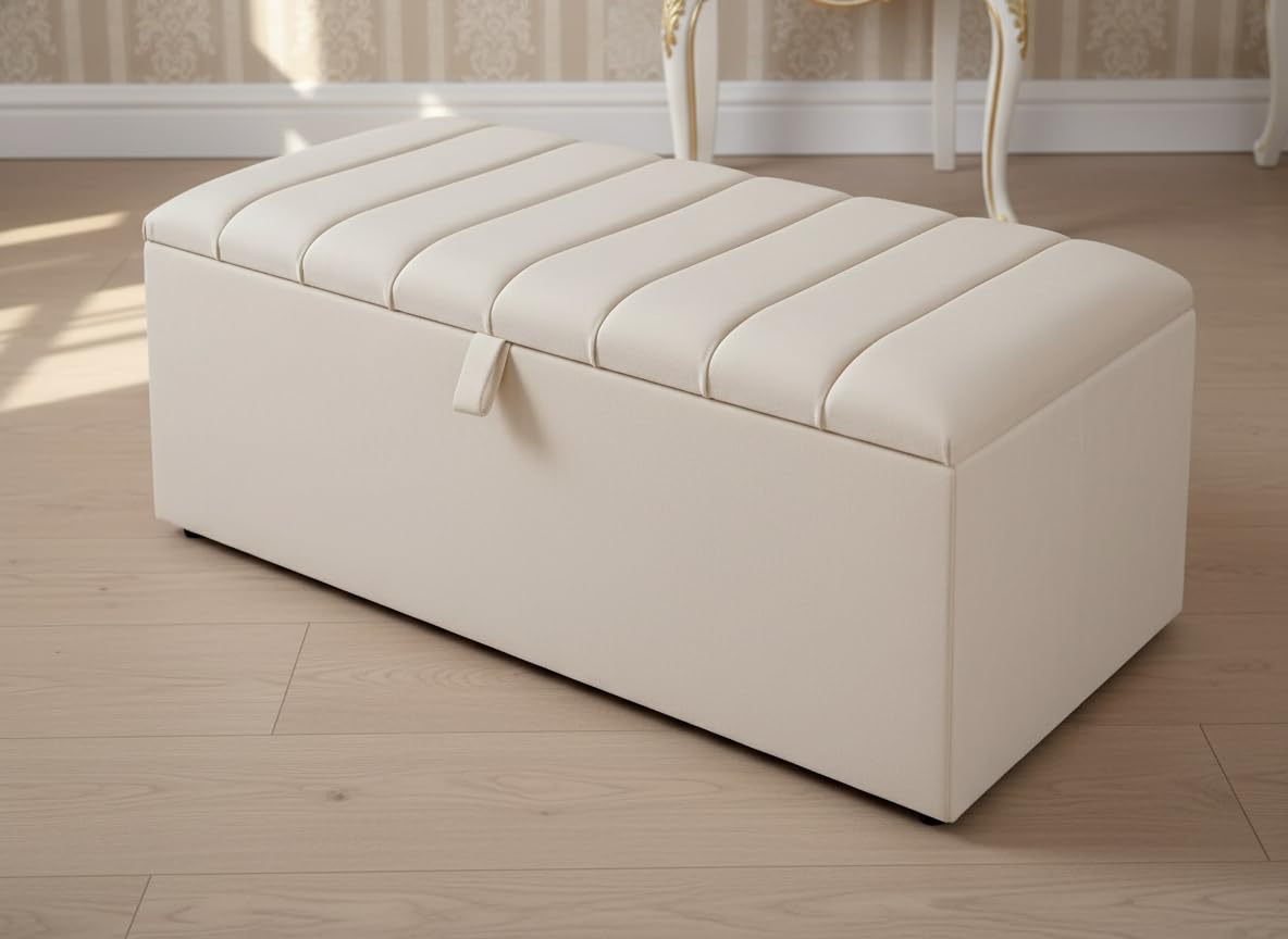 mm08enn Clarence Ottoman Storage Box with Seat, Channel Tufted Stool in Soft Plush Fabric (No Feet, Steel)