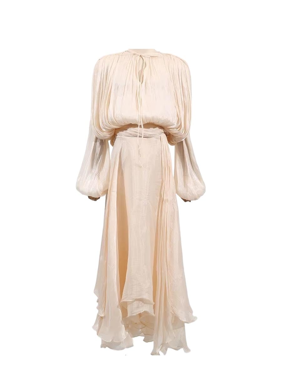 Womens Solid Loose Aline Ankle Length Long Sleeve Office Dress with Patchwork Lace and Zipper Closure