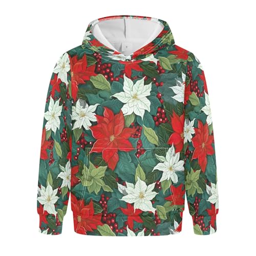 Kids Hoodies Sweaters Christmas Poinsettia Flower Hooded Sweatshirts with Big Pockets for Boys Girls B0400059
